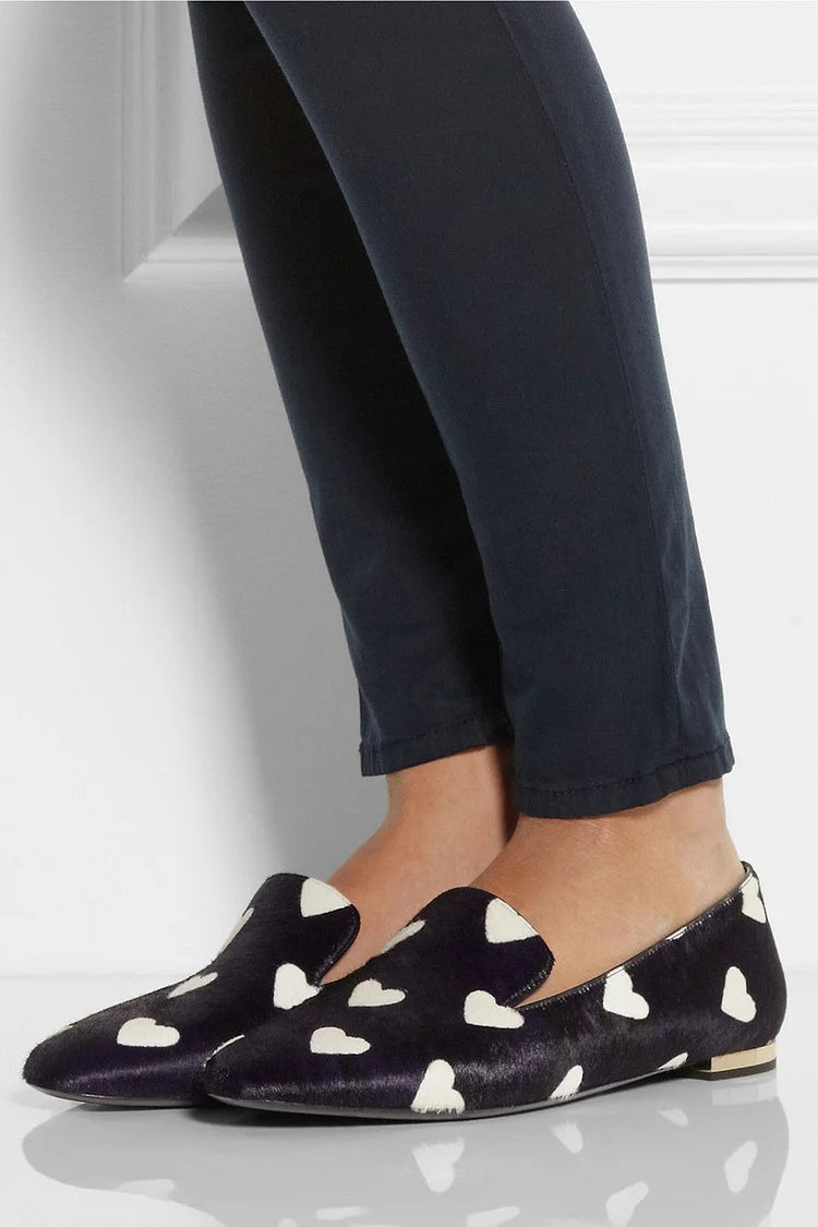 Casual Love Print Pointy Toe Slip On Black Flats