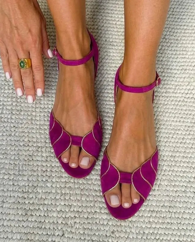 Magenta Suede Scalloped Peep Toe Ankle Strap Flats