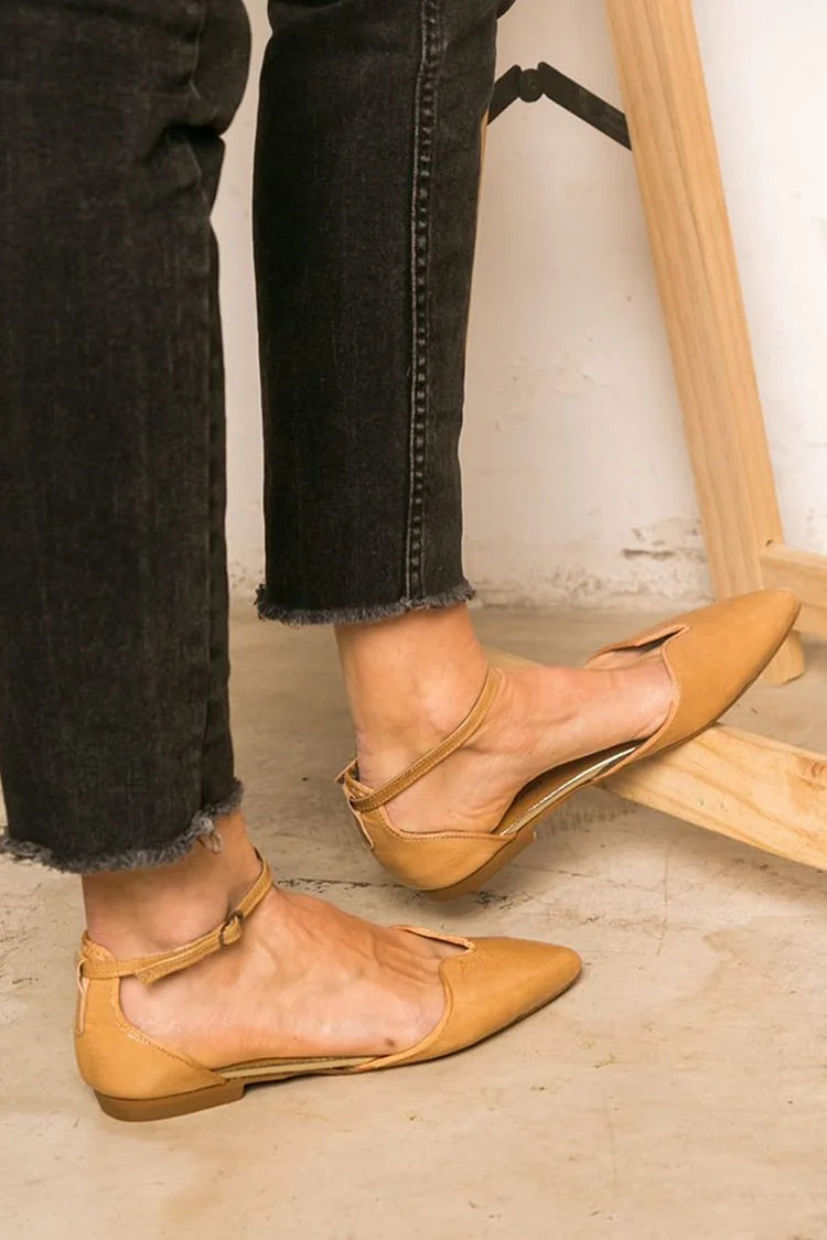 Ankle Strap Buckle Pointed Toe Solid Color Khaki Flats