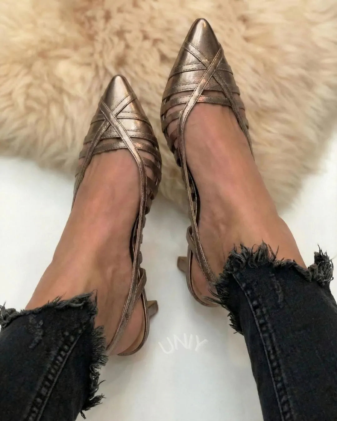 Chic Gold Pointed Toe Versatile Strappy Slingback Flats