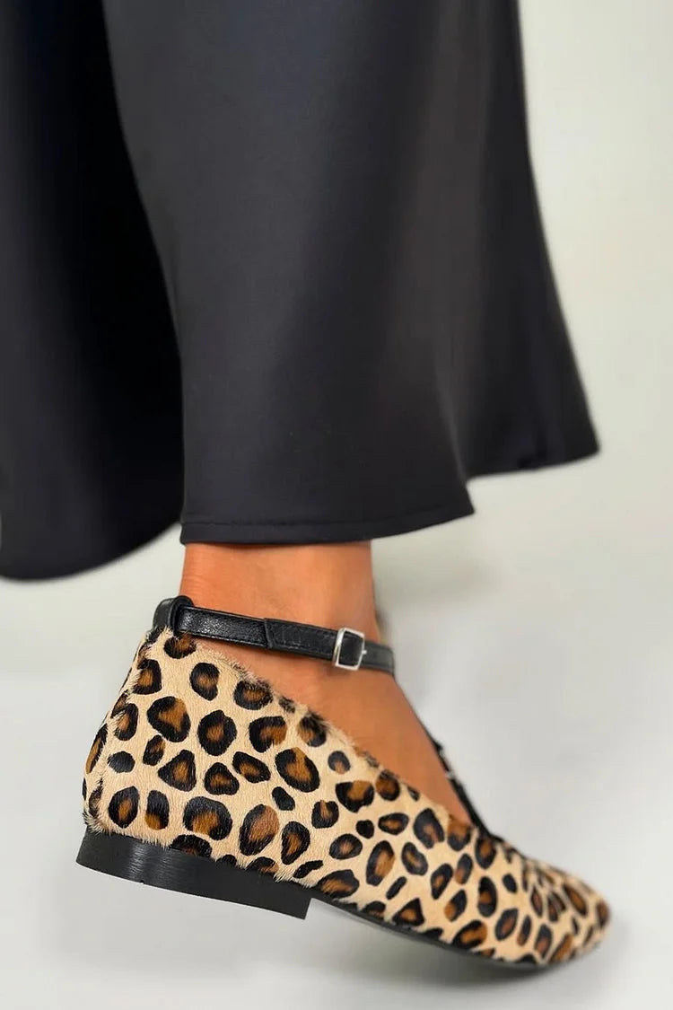 Leopard Print Colorblock T-Strap Buckle Beige Flats