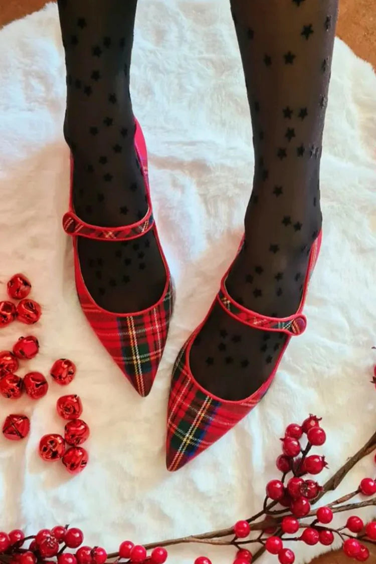 Instep Strap Buckle Plaid Pointed Toe Red Flats