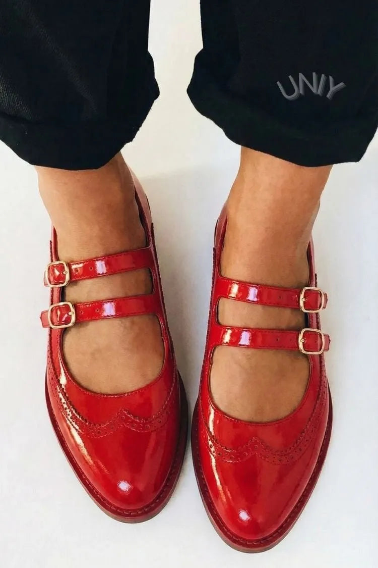 Red Patent Leather Double Strap Brogue Mary Jane Flats