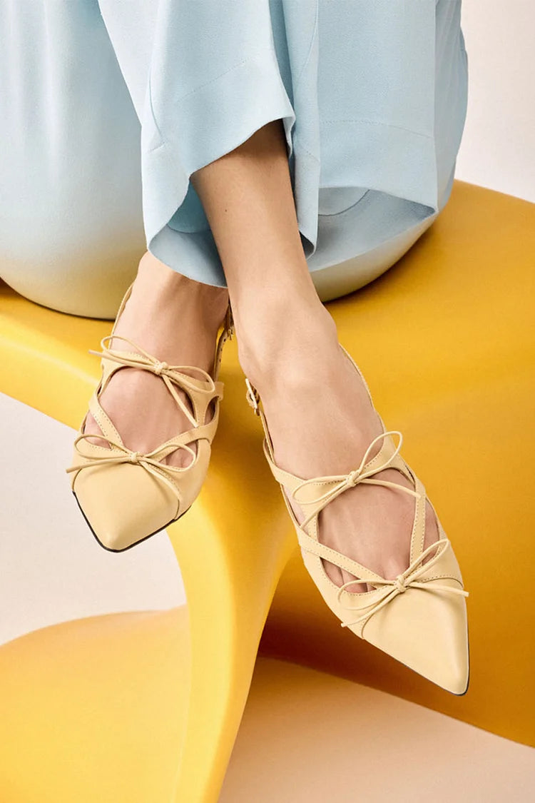 Bow Decor Cut Out Pointed Toe Yellow Flats