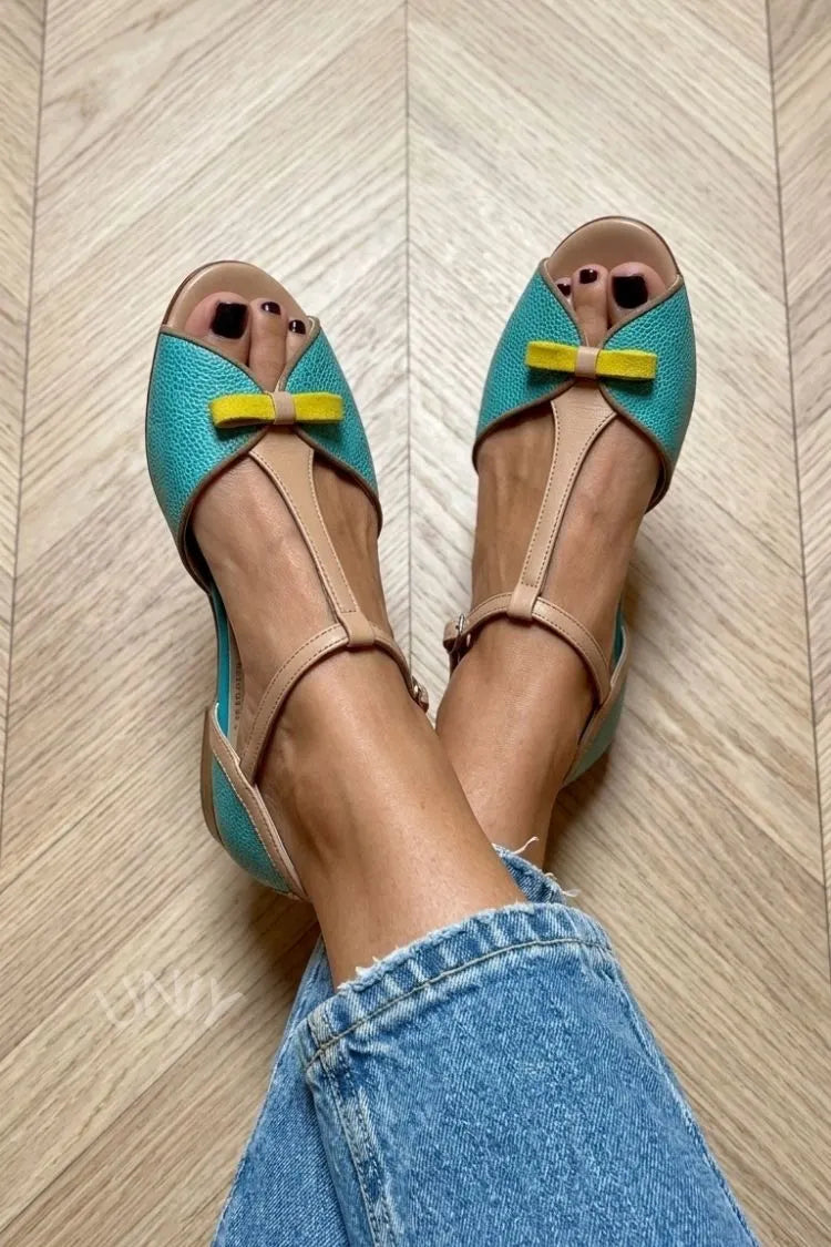 Retro Teal Beige Pebbled T-Strap Bow Peep Toe Flats