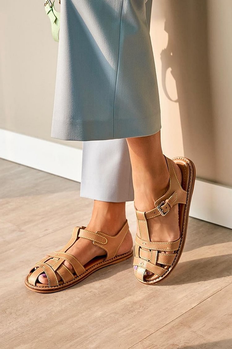 Round Out Woven Hollow Toe T-strap Buckle Khaki Flats