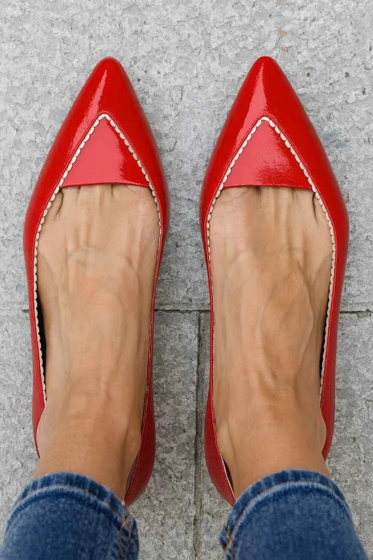 Patent Leather Scalloped Trim Pointed Toe Red Flats