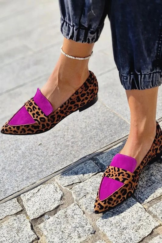 Colorblock Print Leopard Pointed Toe Brown Flats