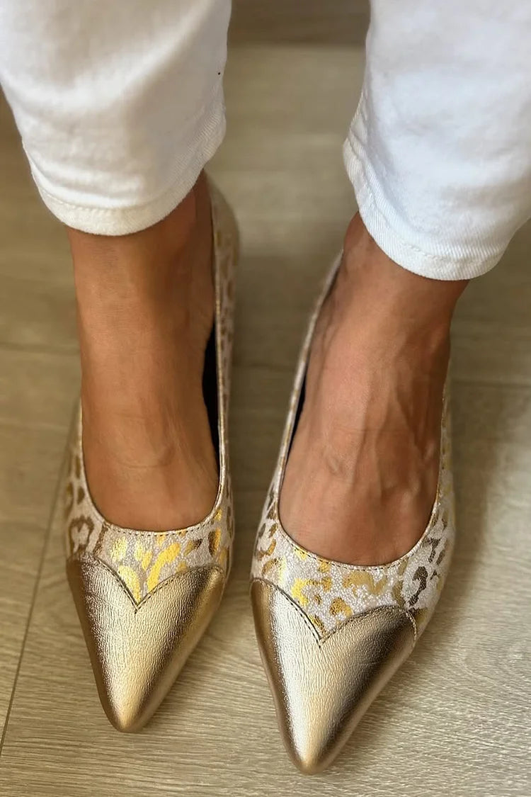 Sheen Metallic Leopard Print Patchwork Pointed Toe Gold Flats