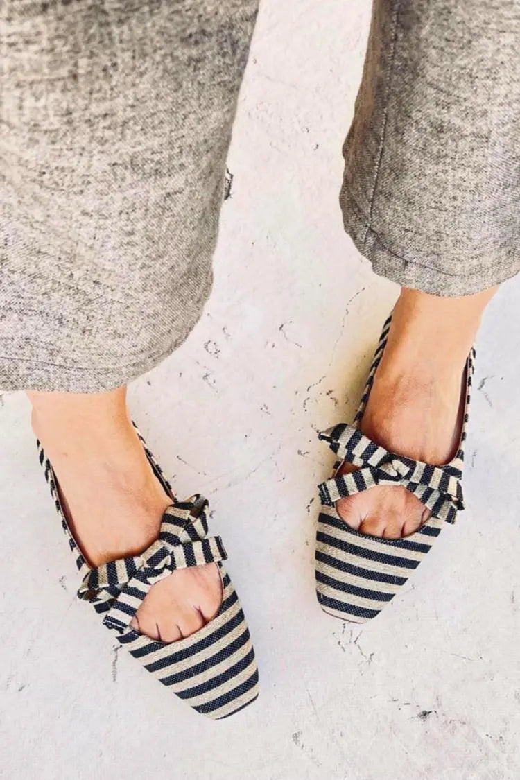 Colorblock Stripe Tie Up Bow Square Toe Black Flats