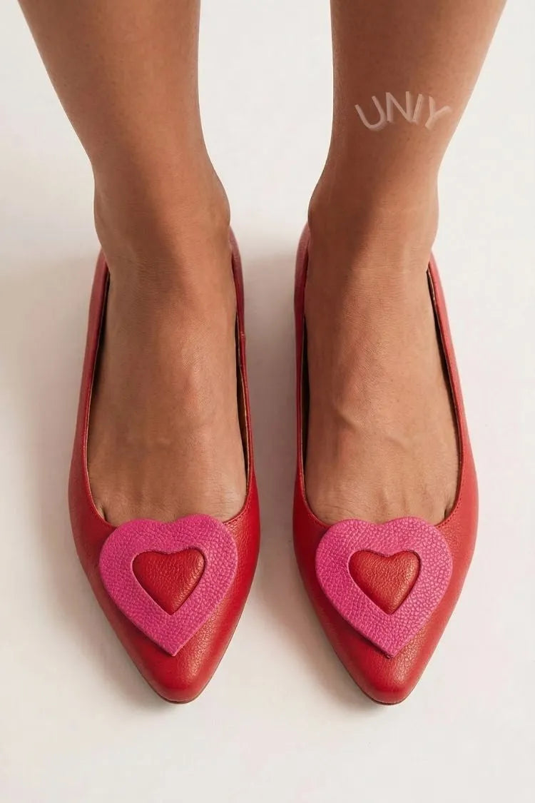 Red Leather Pointed Toe Heart Accent Pink Trim Flats
