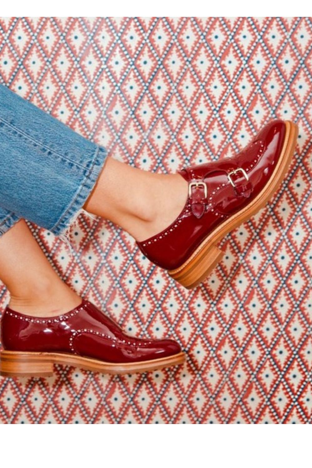 Glossy Leather Double Buckle Wingtip Flats