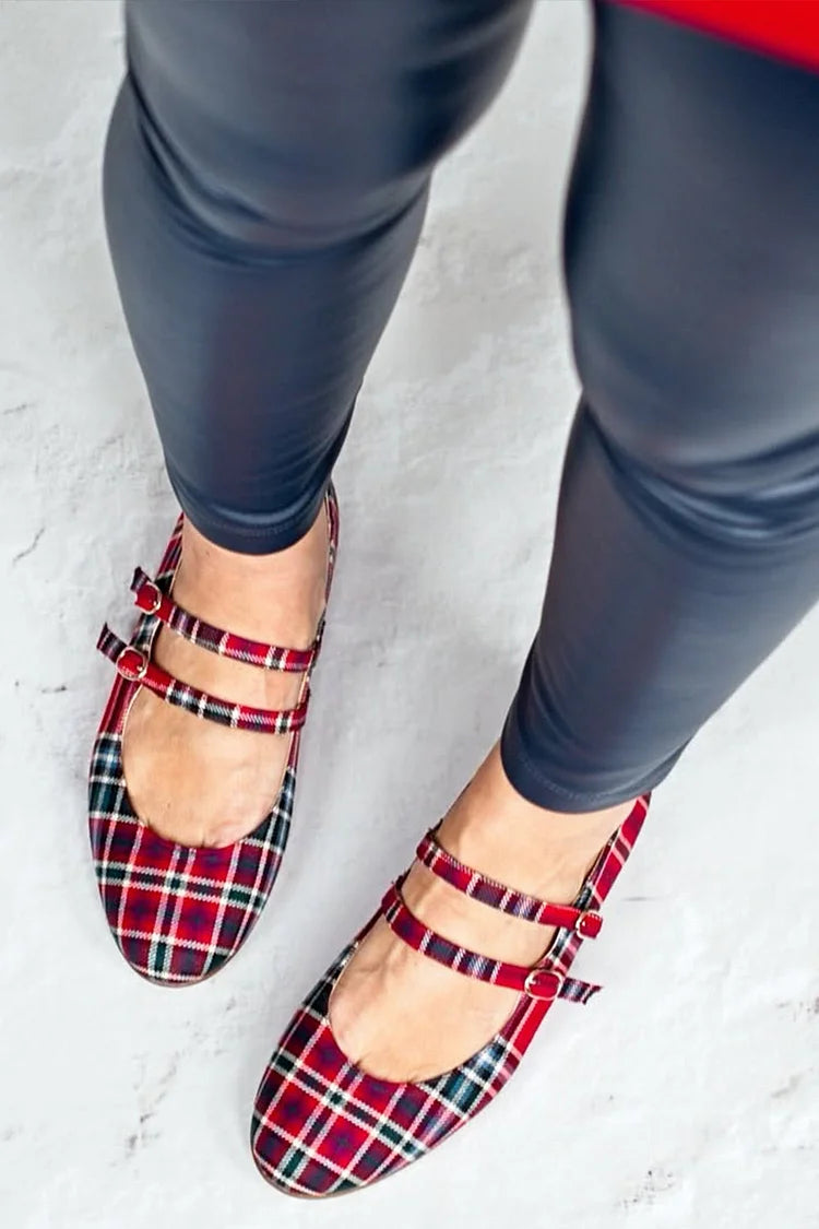 Plaid Two Straps Buckles Round Toe Red Flats