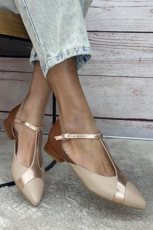 Patchwork T-Strap Buckle Colorblock Pointed Toe Khaki Flats