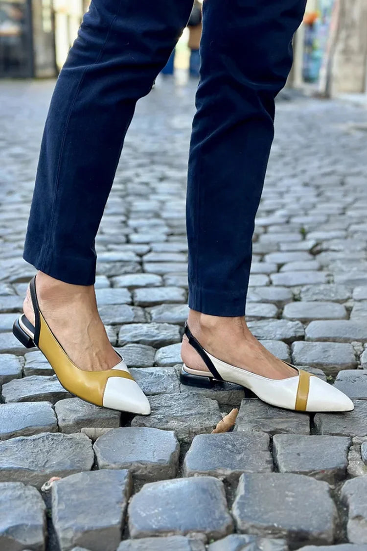 Pointed Toe Colorblock Slingback White Flats