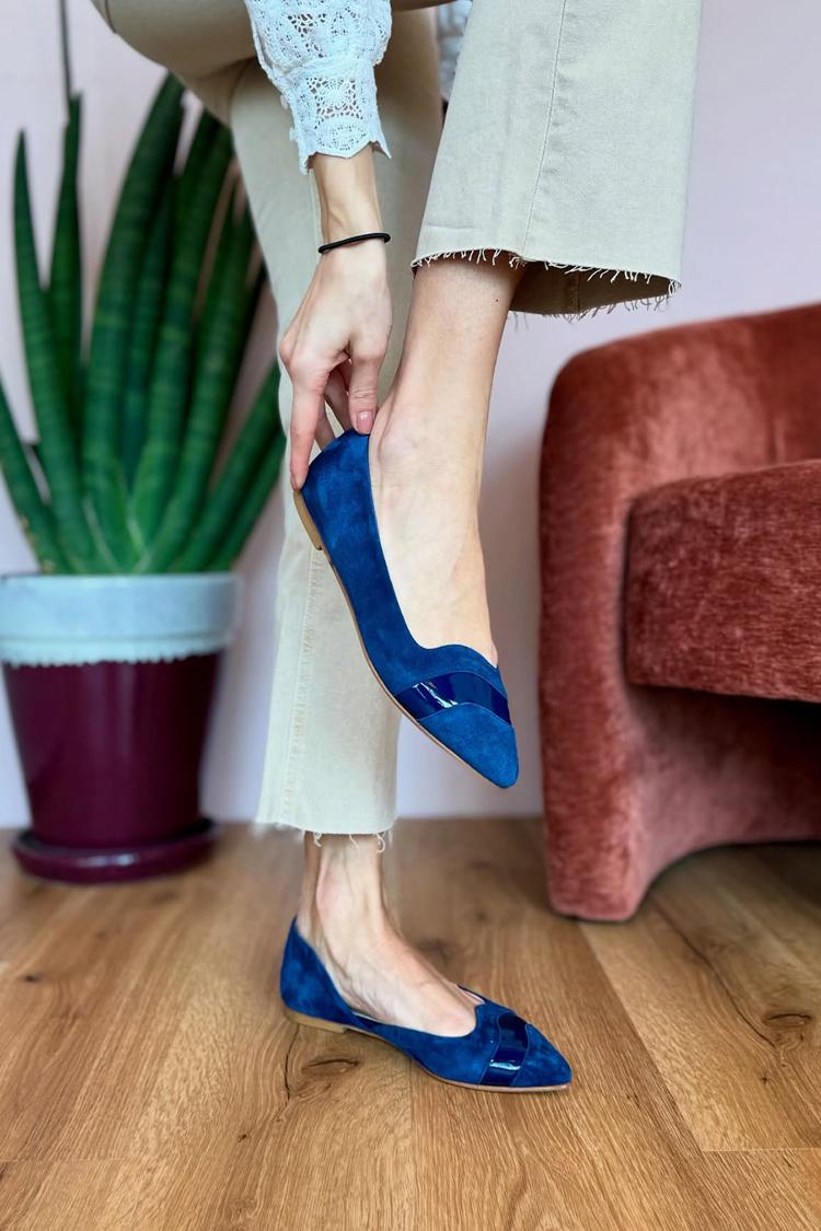 Patchwork Pointed Toe Casual Dark Blue Flats