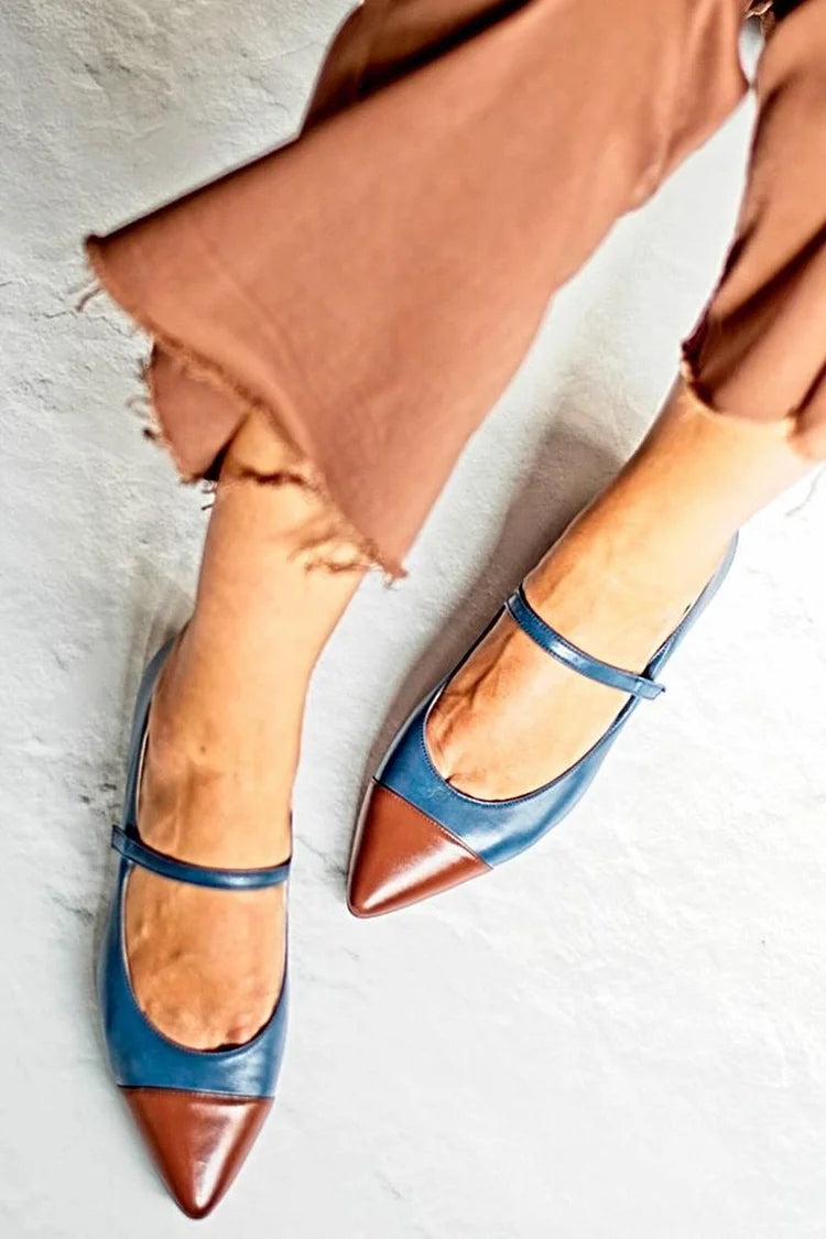 Instep Strap Buckle Colorblock Pointed Toe Navy Flats