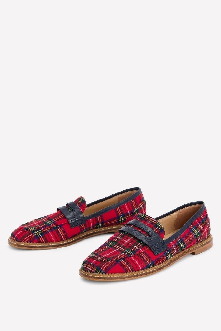 Red Plaid T-Strap Pointed Toe Casual Flats