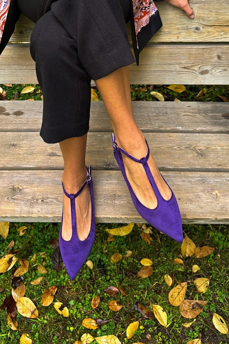Glitter Patchwork T-Strap Buckle Pointed Toe Purple Flats