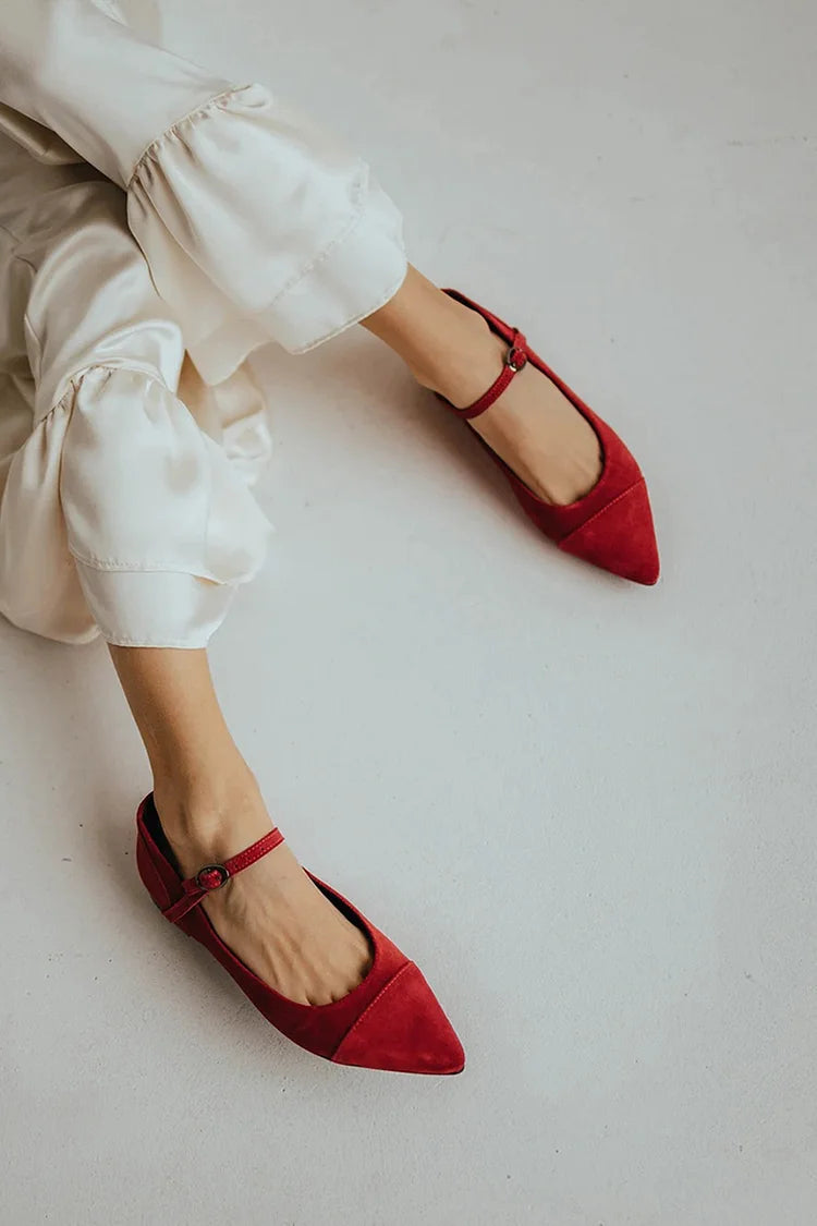 Patchwork Instep Strap Buckle Pointed Toe Red Flats