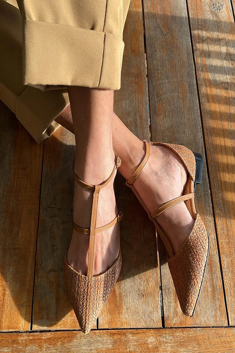 Crossover Straps Buckles Pointed Toe Brown Flats