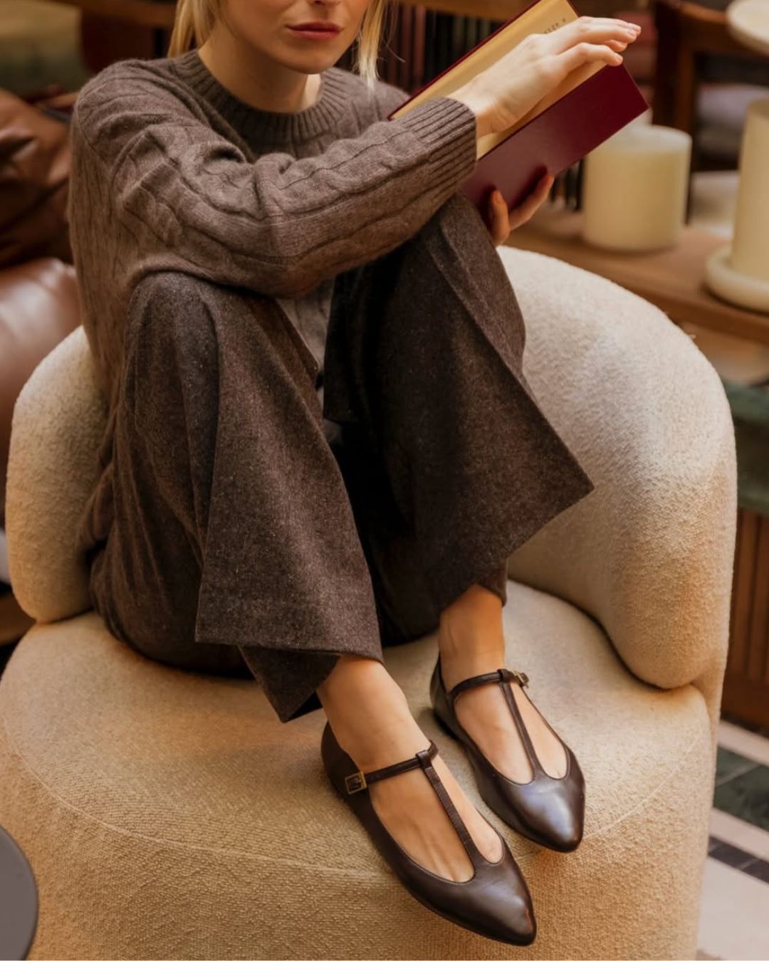 Vintage Dark Brown Glossy PU T-Strap Pointed Toe Flats