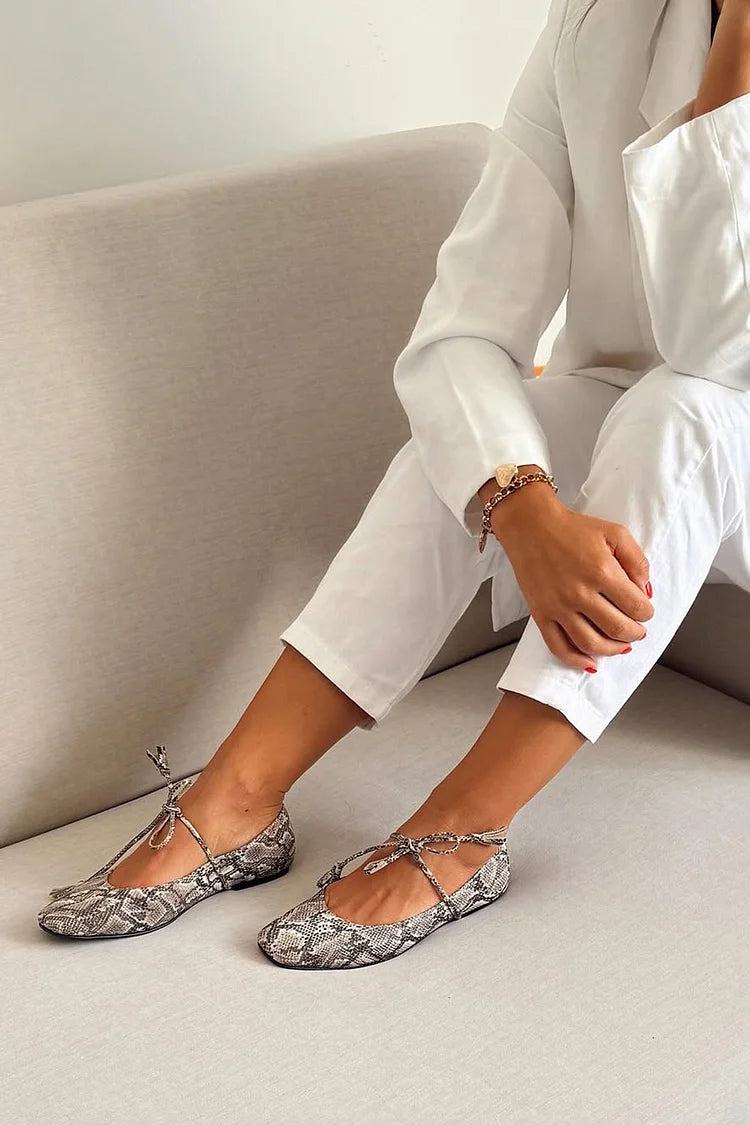 Snake Print Square Toe Tied Up Gray Flats