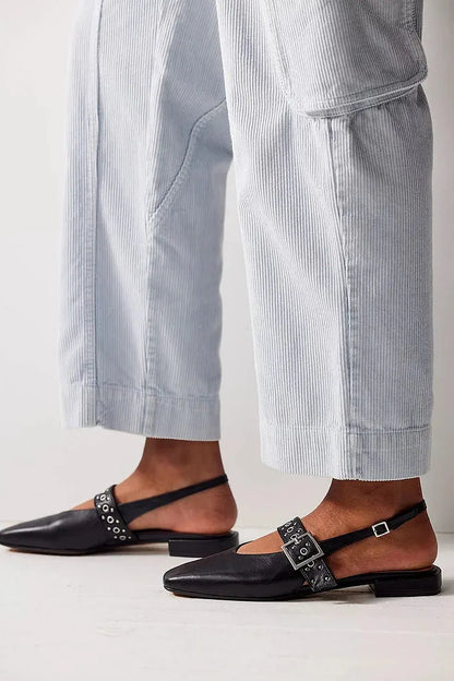 Black Metallic Square Toe Slingback Eyelets Flats