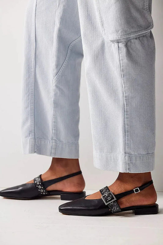 Black Metallic Square Toe Slingback Eyelets Flats