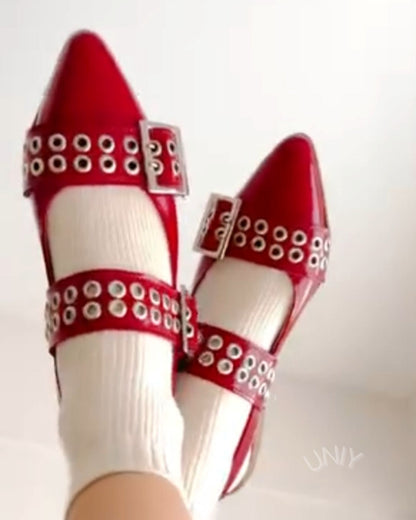 Burgundy Studded Double Strap Pointed Toe Mary Jane Flats