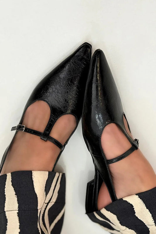 Chic T-strap Buckle Pointed Toe Slingback Black Flats