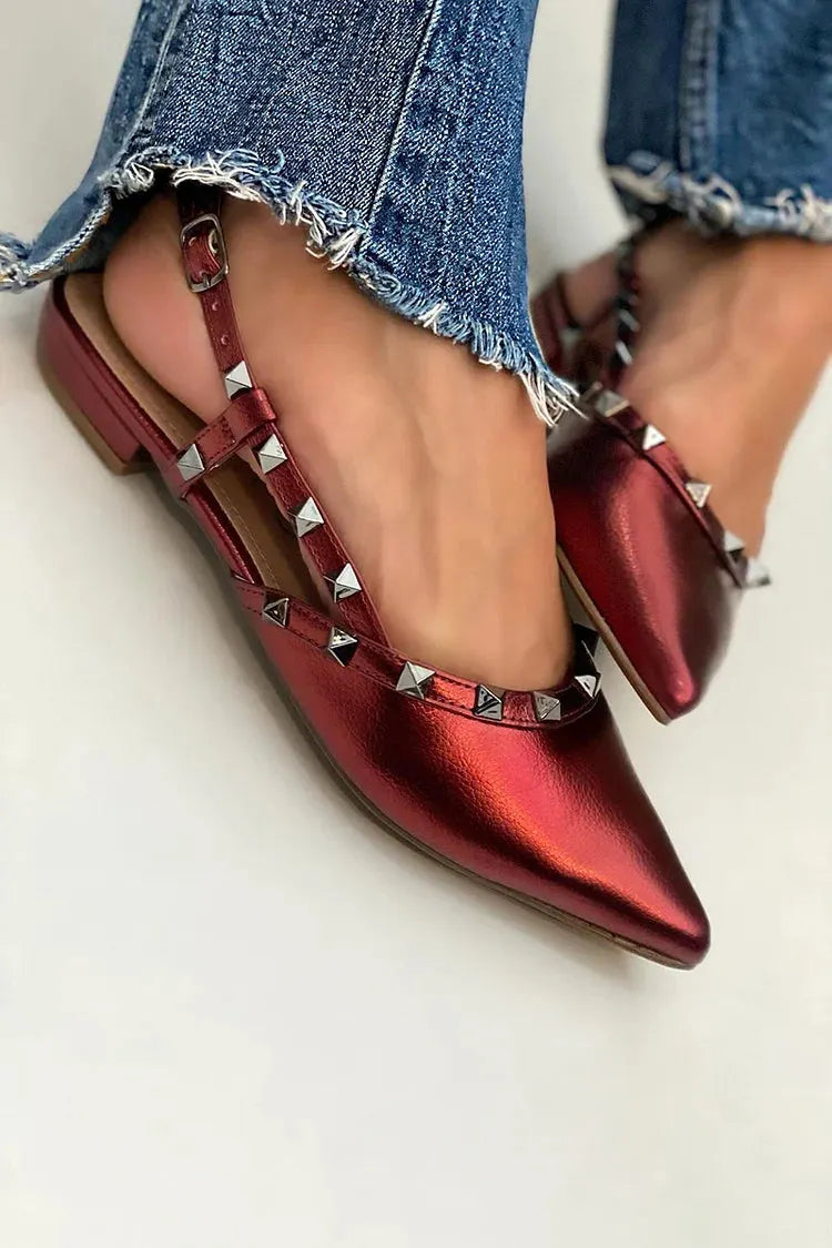 Studded Decor Pointy Toe Slingback Strap Red Flats