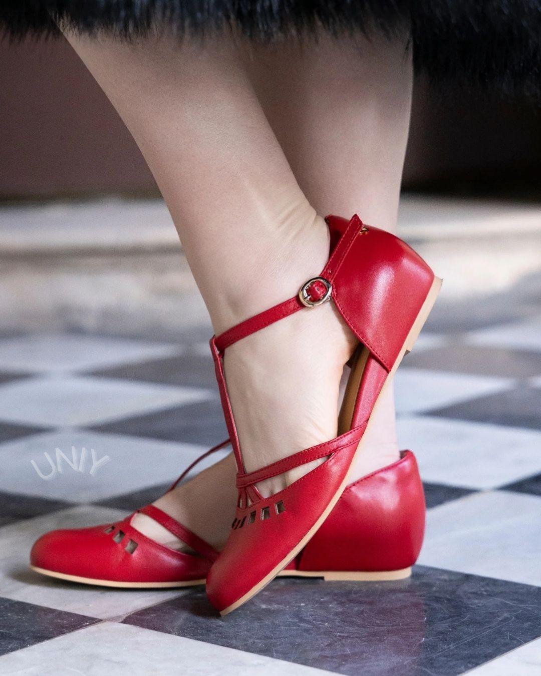 Red PU Leather T-Strap Cutout Round Toe Mary Jane Flats
