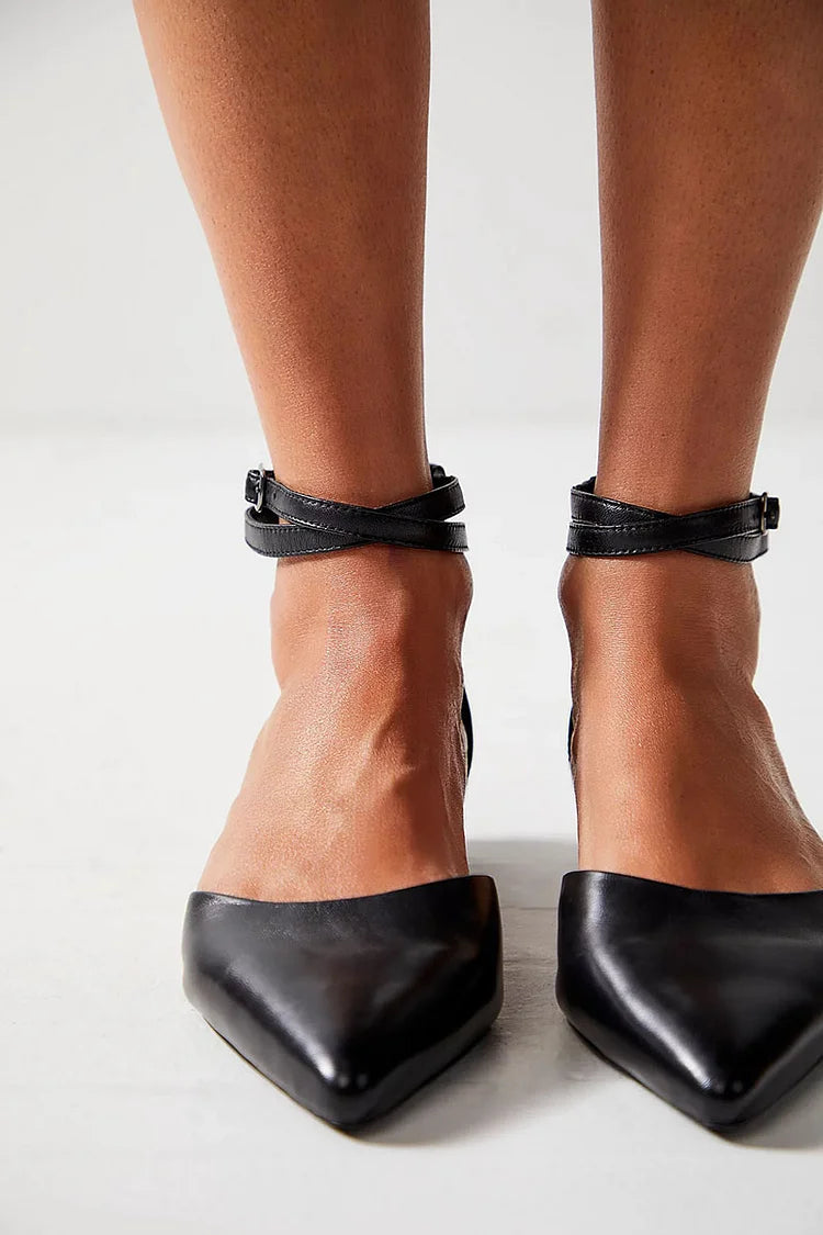 Ankle Cross Strap Buckle Plain Pointed Toe Black Flats