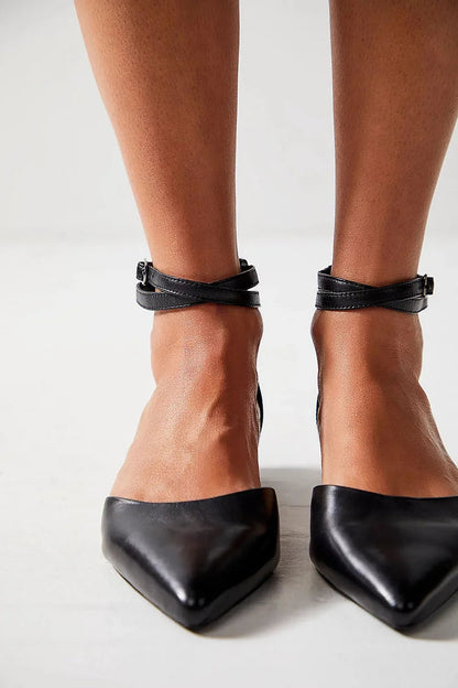 Ankle Cross Strap Buckle Plain Pointed Toe Black Flats