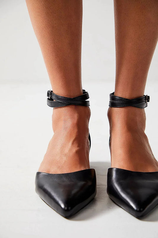 Ankle Cross Strap Buckle Plain Pointed Toe Black Flats