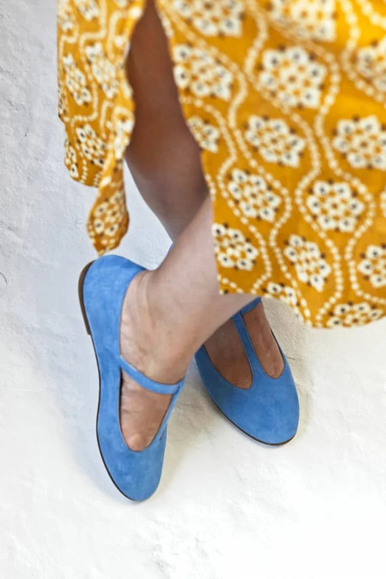 Solid Color T-Strap Buckle Round Toe Blue Flats