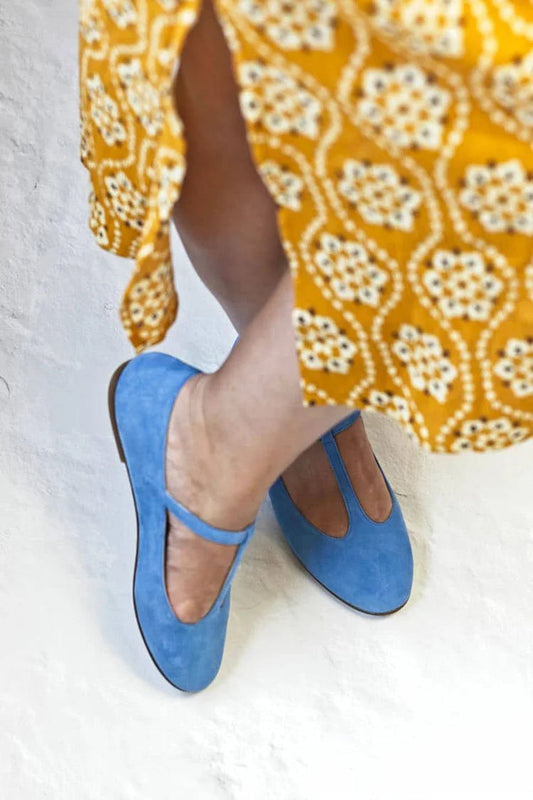 Solid Color T-Strap Buckle Round Toe Blue Flats