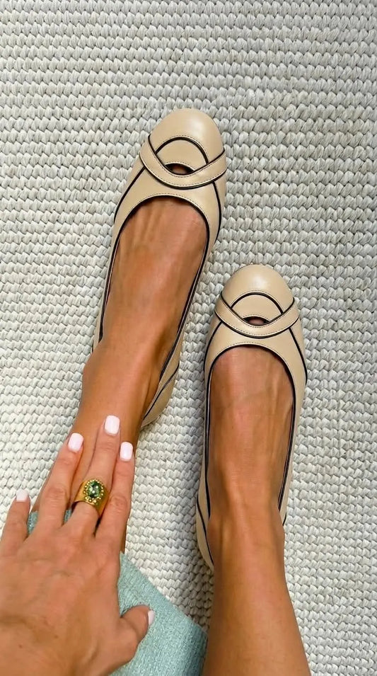 Black Trimmed Keyhole Detail Beige Round Toe Flats