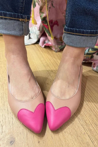 Leather Colorblock Heart Patch Pointed Toe Ballet Flats
