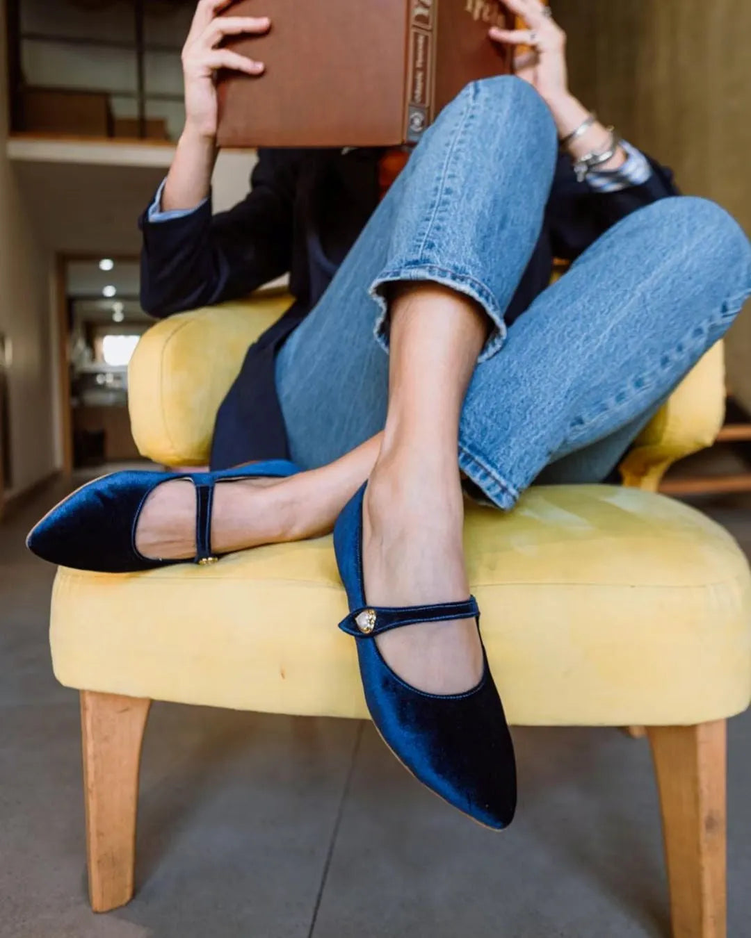 Elegant Blue Velvet Pointed Toe Heart Detail Mary Jane Flats