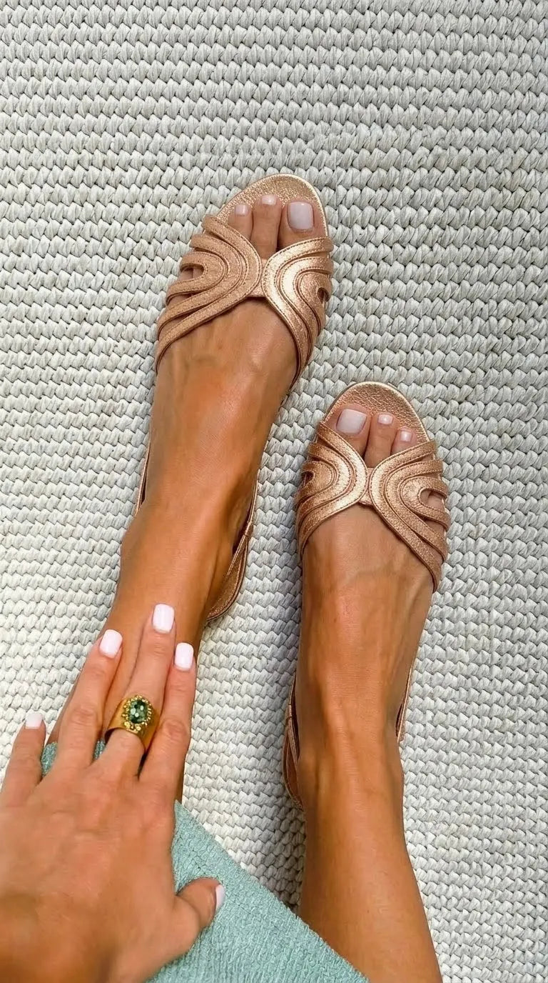 Metallic Rose Gold Wavy Strappy Peep Toe Flats