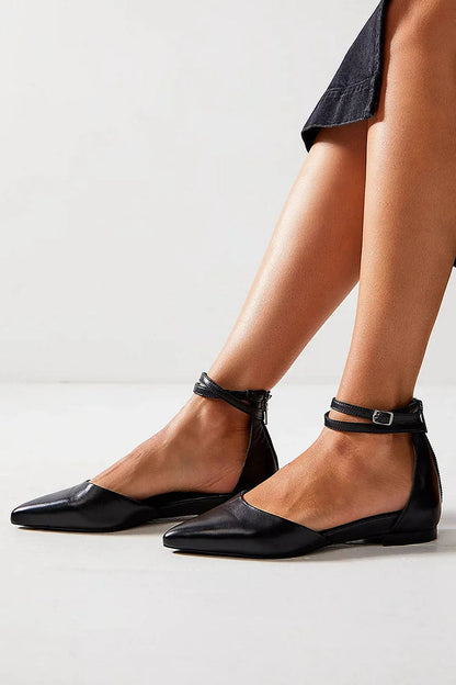 Ankle Cross Strap Buckle Plain Pointed Toe Black Flats