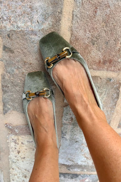 Green Square Toe Suede Metal Buckle Low-Cut Flats