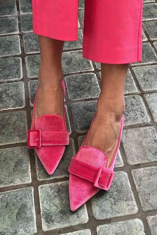 Velvet Oversized Buckle Strap Pointy Loafer Flats