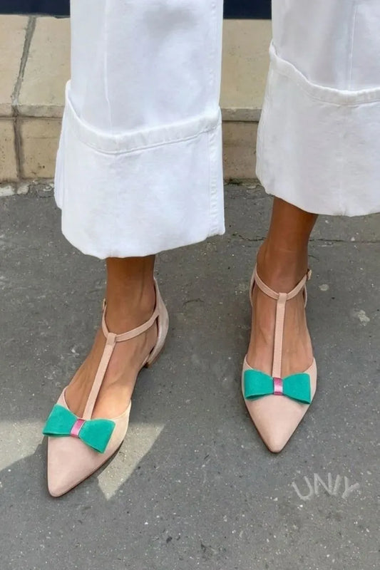 Nude Suede Pointed Toe T-Strap Contrast Green Bow Flats