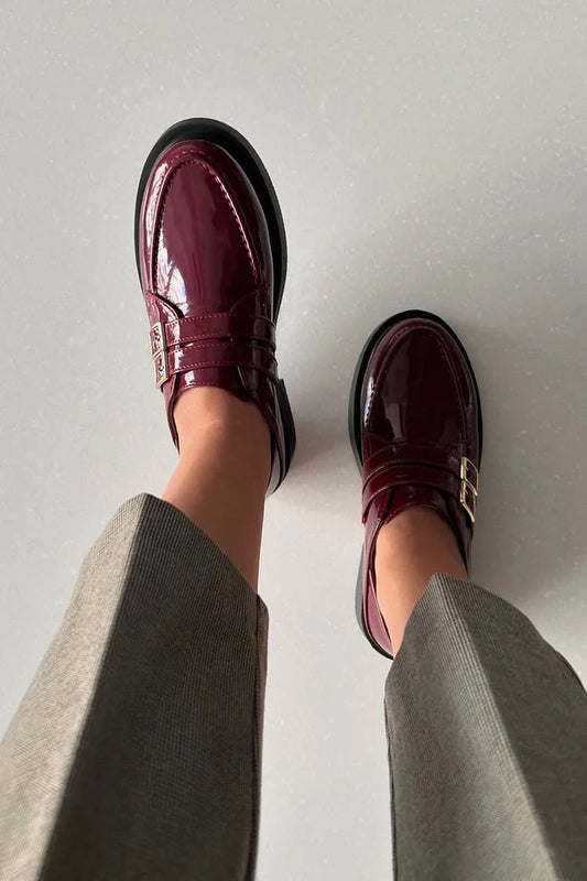 Two Straps Buckles Round Toe Burgundy Oxfords