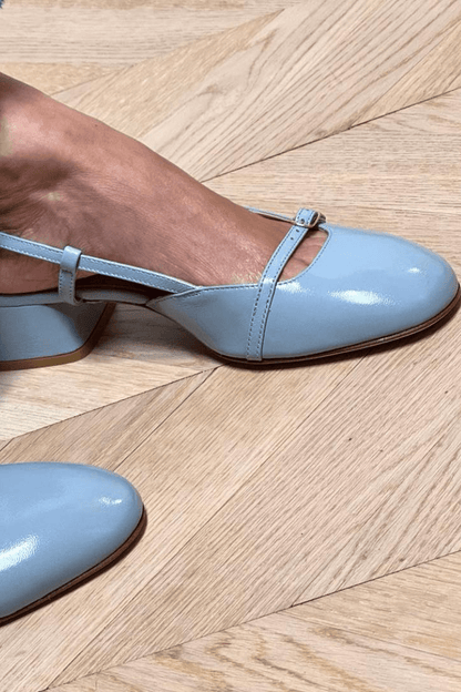 Glossy Faux Leather Slingback Strap Square Toe Block Heel Flats