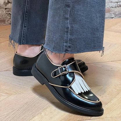 Contrast Color Fringed Trim Pointed Toe Black Oxfords