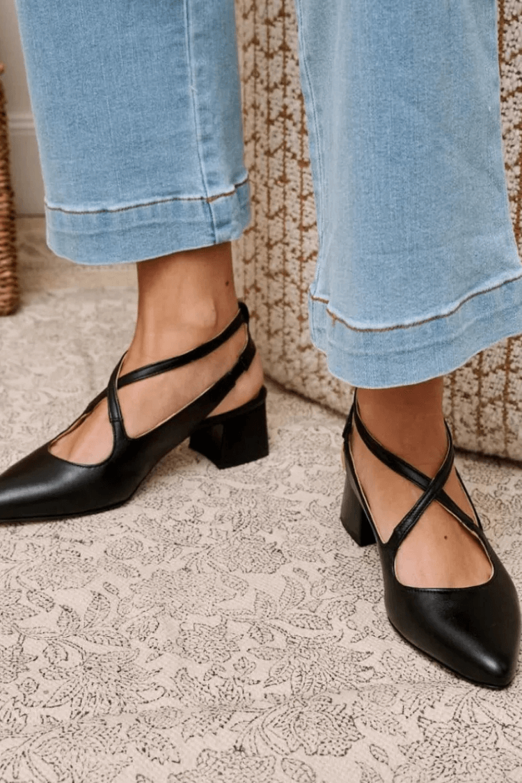 Pointed Toe Double Strap Faux Leather Flats